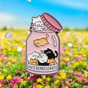 Adorable Enamel Pin Featuring Cats‎ In A Jar Letters: Antidepresants